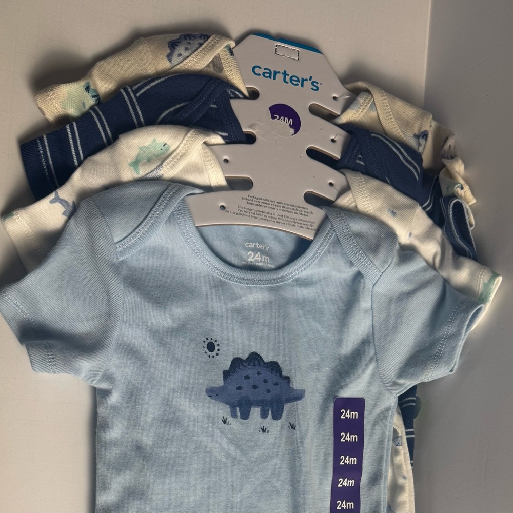 Carter's Baby 4-pack Blue Body Suit Dinosaur. Size 24M, 100% Cotton